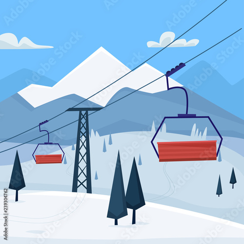 Ski resort with lift, house and winter mountains landscape. Flat cartoon style vector illustration.