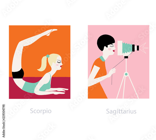scorpio and sagittarius woman fashion horoscope signs. girl doing yoga and making photos. vector illustration. 
