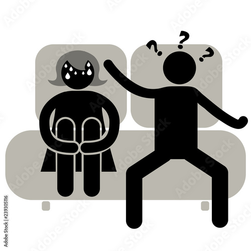 Androphobia. Fear of man. Social phobia. Girl is afraid of intimacy. Woman Doesn't Want to Be With her boyfriend anymore. The couple is sitting on the couch. Icon about problems in relationships.