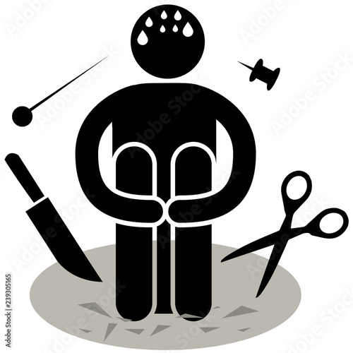 Aichmophobia. Phobia. The fear of sharp or pointed objects. Logo, icon, silhouette, sticker, sign. Afraided man.