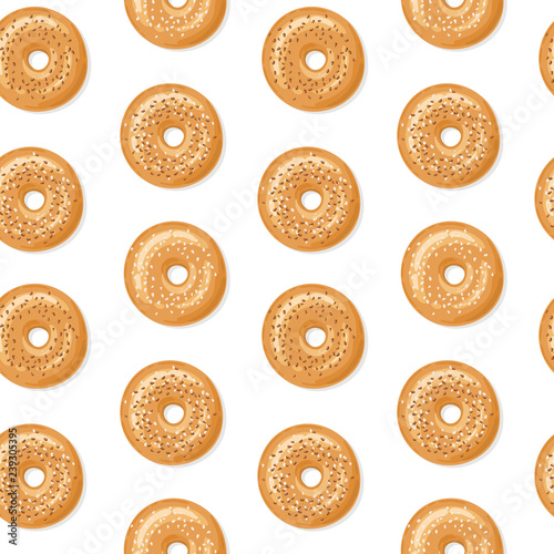Seamless pattern with top view of fresh bagels, white and brown sesame seeds on top, white background. Delicious breakfast. Vector seamless pattern.