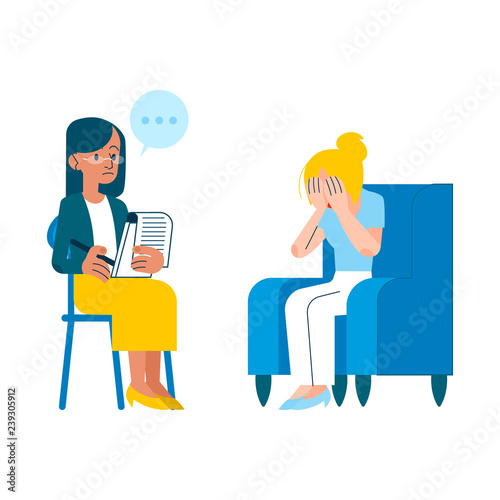 Vector psychotherapy session concept with adult woman mental therapist, psychiatrist asking questions, listening to tired female character with health problem, crying sitting at armchair