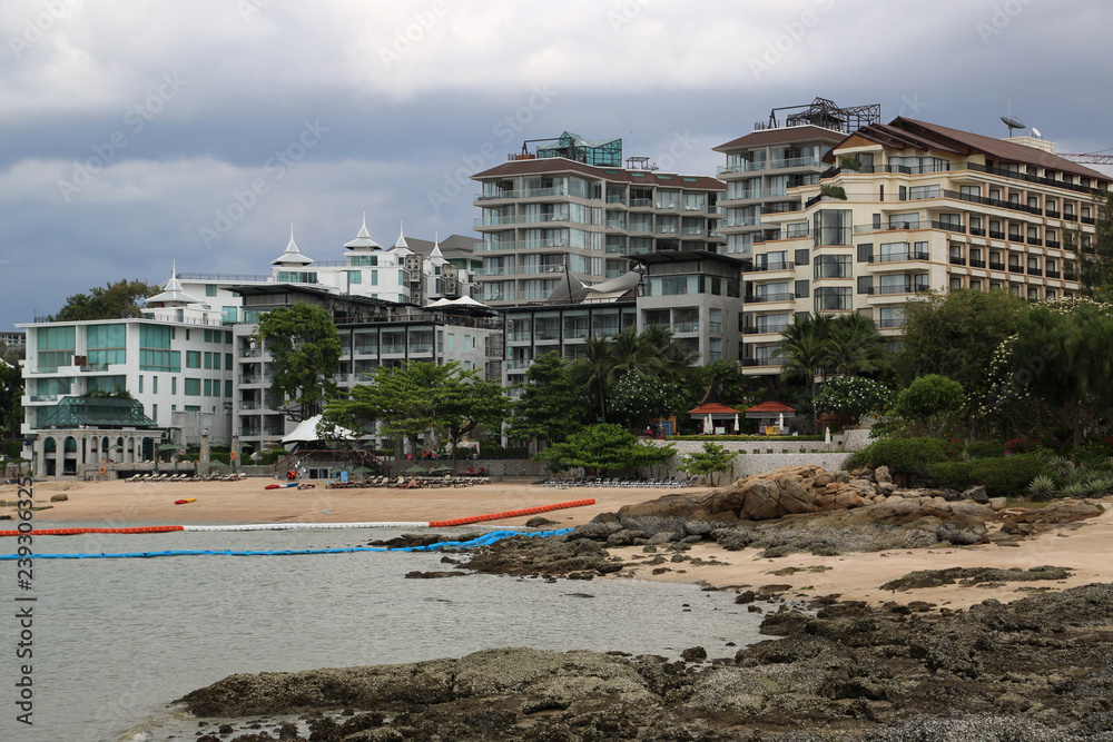 Buildings on the shore of Gulf of Siam in Pattaya, Thailand