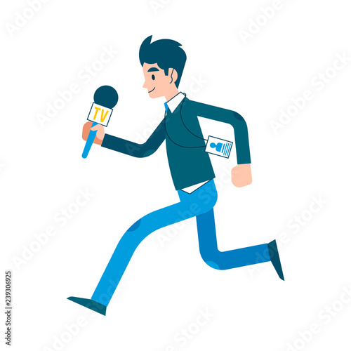 Vector yong man reporter running, dashing holding microphone to take interview for breaking news broadcast. Male journalist, television correspondent, paparazzi character illustration