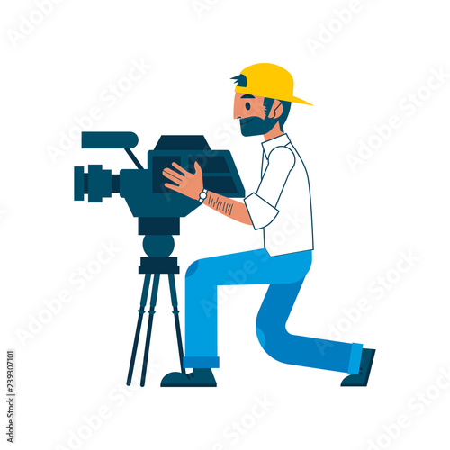 Vector yong man video reporter with beard in cap working setting camera for interview for breaking news broadcast. Male journalist, television correspondent, paparazzi character illustration