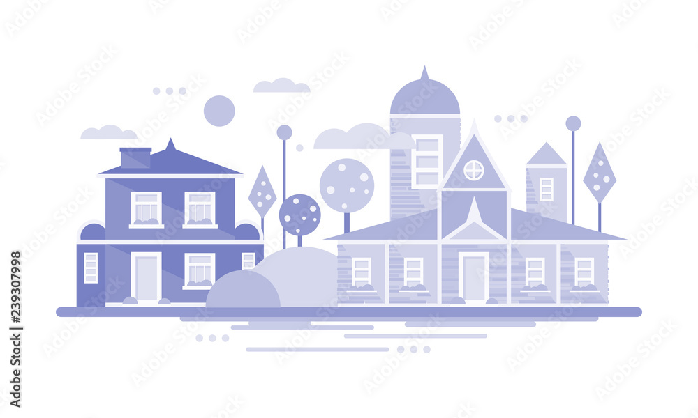 City building houses, horizontal banner or poster of small town or village, real estate vector Illustration