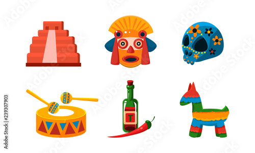Mexico icons set, Mexican cultural symbols vector Illustration on a white background