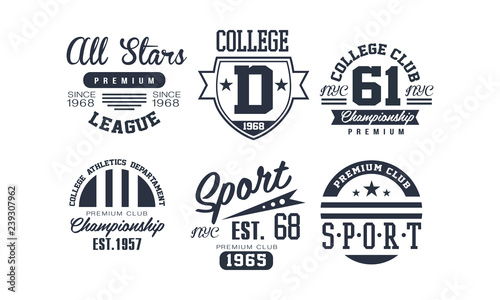 Sport college club logo design set, vintage premium championship, sport club emblem or badge vector Illustration