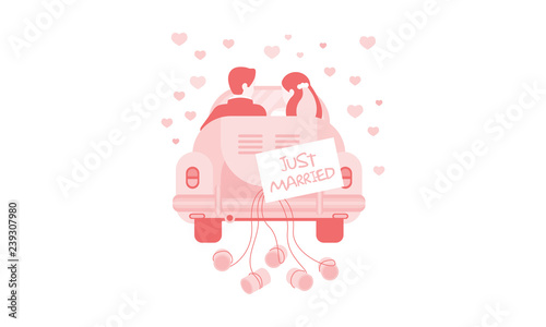 Just married bride and groom in car, wedding invitation, greeting card, banner, poster vector Illustration