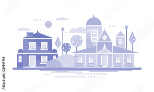 City building houses, horizontal banner or poster of small town or village, real estate vector Illustration