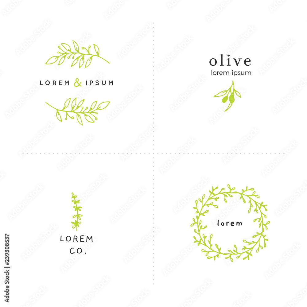 Vector set of floral hand drawn logo templates in elegant and minimal style.