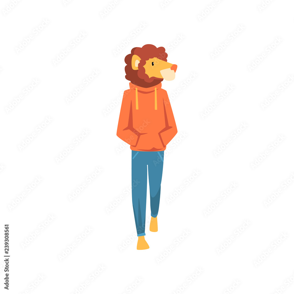 Lion man, lion head animal character wearing trendy clothes vector Illustration on a white background