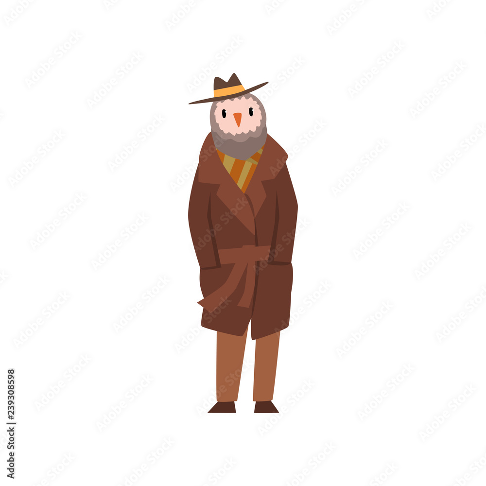 Obraz premium Man with head of owl, bird character wearing retro clothes vector Illustration on a white background