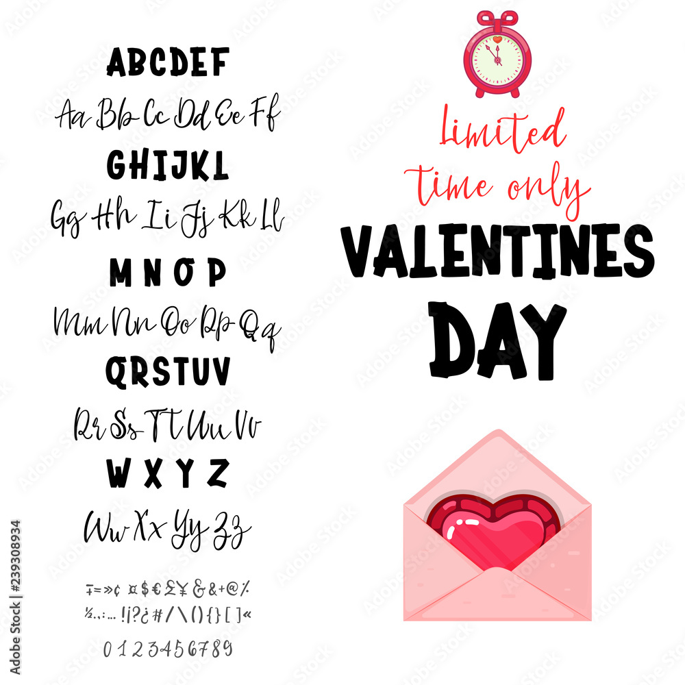 Valentine's day. The font is bold, handwriting, for love cards and wedding cards