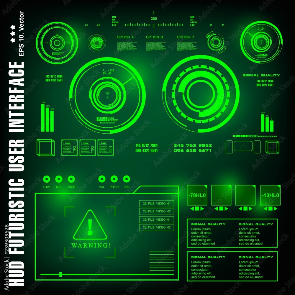 Dashboard display virtual reality technology screen. HUD futuristic green user interface, target Dashboard display virtual reality technology screen. HUD futuristic green user interface, target