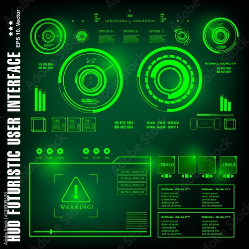 Dashboard display virtual reality technology screen. HUD futuristic green user interface  target