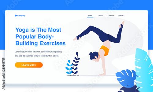 woman yoga, standing in Adho Mukha Vrksasana exercise, Downward facing Tree pose. landing page