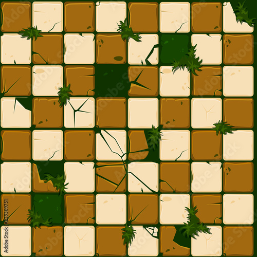 Texture of old stone tiles, seamless background stone wall and grass. Vector illustration for user interface of the game element. Color 10 of 10