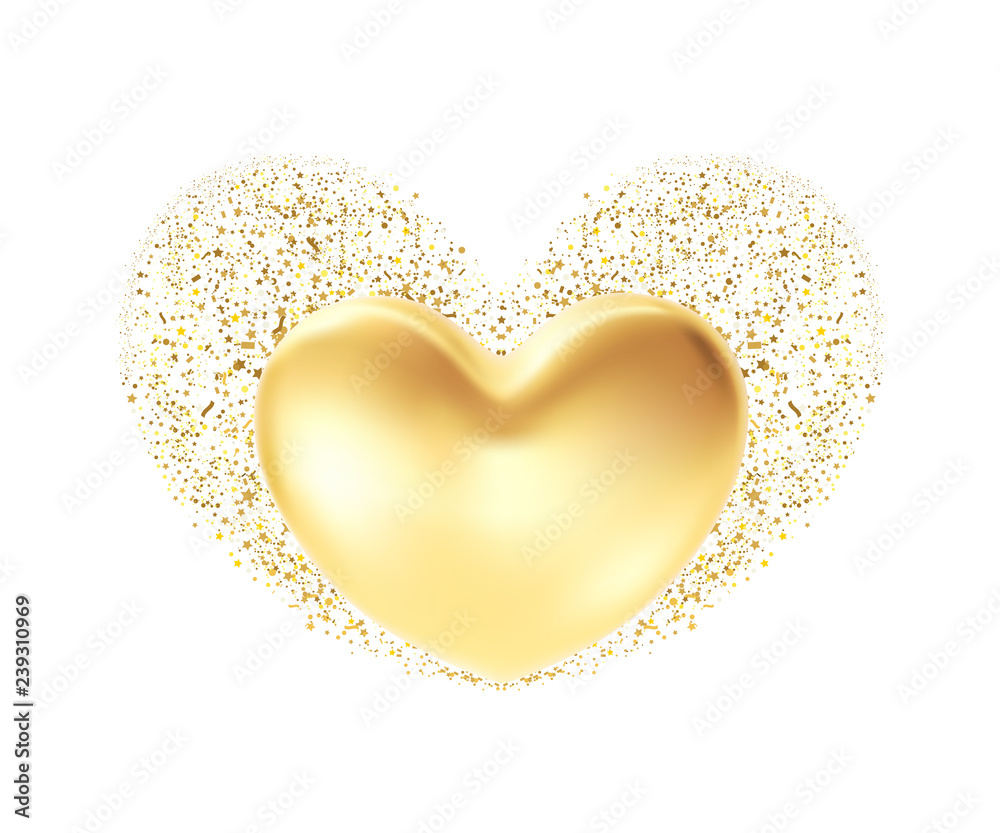 Golden heart background. St valentine's symbol isolated on white. 3d realistic Illustration design concept of a gold valentine heart. Golden heart background. St valentine's symbol isolated on white. 3d realistic Illustration design concept of a gold valentine heart.