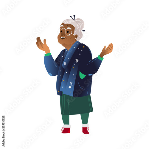 Vector excited african grandmother in warm sweater with stars spreading hands in anticipation of good event or present. Grey-haired elderly woman, senior female character illustration
