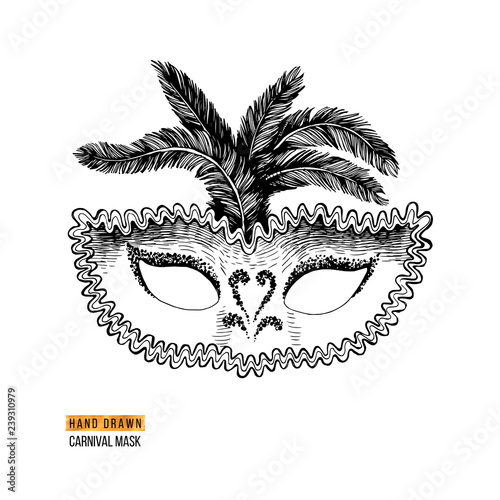 Hand drawn Venetian carnival mask with feathers