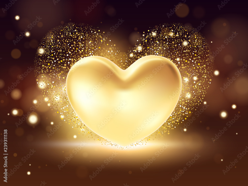 Golden heart background. St valentine's symbol on golden background. 3d realistic Illustration design concept of a gold valentine heart.