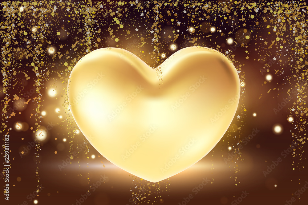 Golden heart background. St valentine's symbol on golden background. 3d realistic Illustration design concept of a gold valentine heart.