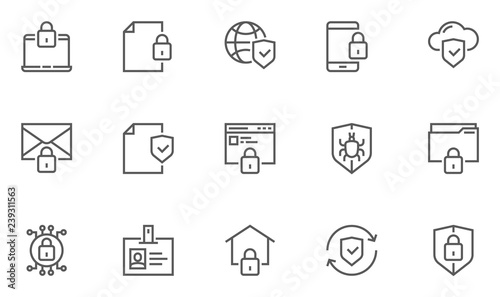 Protection and Security Vector Line Icons Set. Business Data Protection Technology, Cyber Security, Computer Network Protection. Editable Stroke. 48x48 Pixel Perfect.