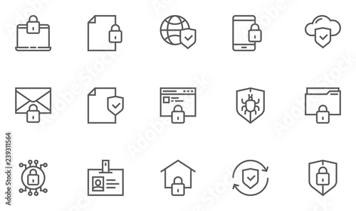 Protection and Security Vector Line Icons Set. Business Data Protection Technology, Cyber Security, Computer Network Protection. Editable Stroke. 48x48 Pixel Perfect.