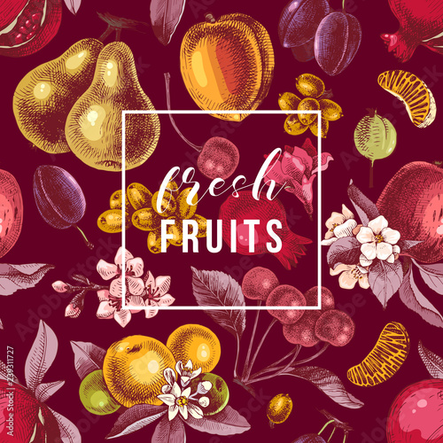 Fresh fruits emblem on seamless pattern with colorful fruits