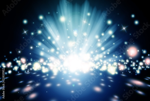 Dark Blue sparkle rays lights with bokeh elegant show on stage abstract background. Dust sparks background.