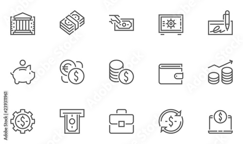 Finance and Banking Vector Line Icons Set . Contains Coins, Money and Bank Management icons.. Editable Stroke. 48x48 Pixel Perfect.