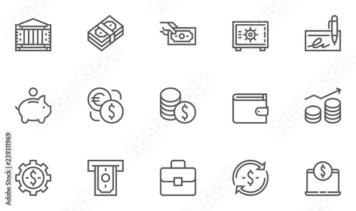 Finance and Banking Vector Line Icons Set . Contains Coins, Money and Bank Management icons.. Editable Stroke. 48x48 Pixel Perfect.