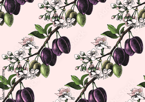 Seamless pattern with hand drawn plum branches