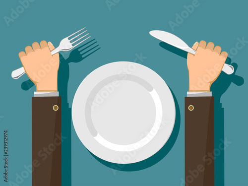 Fork and knife in hands and a white empty plate.