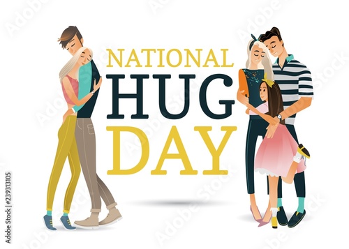 Vector national hug day concept with cartoon family hugging in casual clothing, teen couple standing together. Adult couple young mother and father embracing teen girl, happy characters illustration