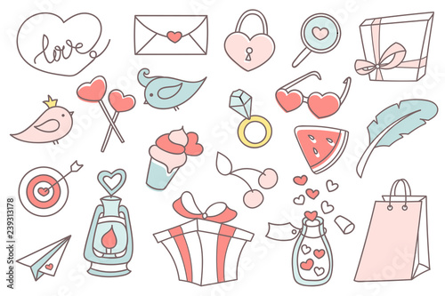 Valentines Day doodle set. Collection of romantic objects in outline. Pastel pink and blue color, vector illustration.