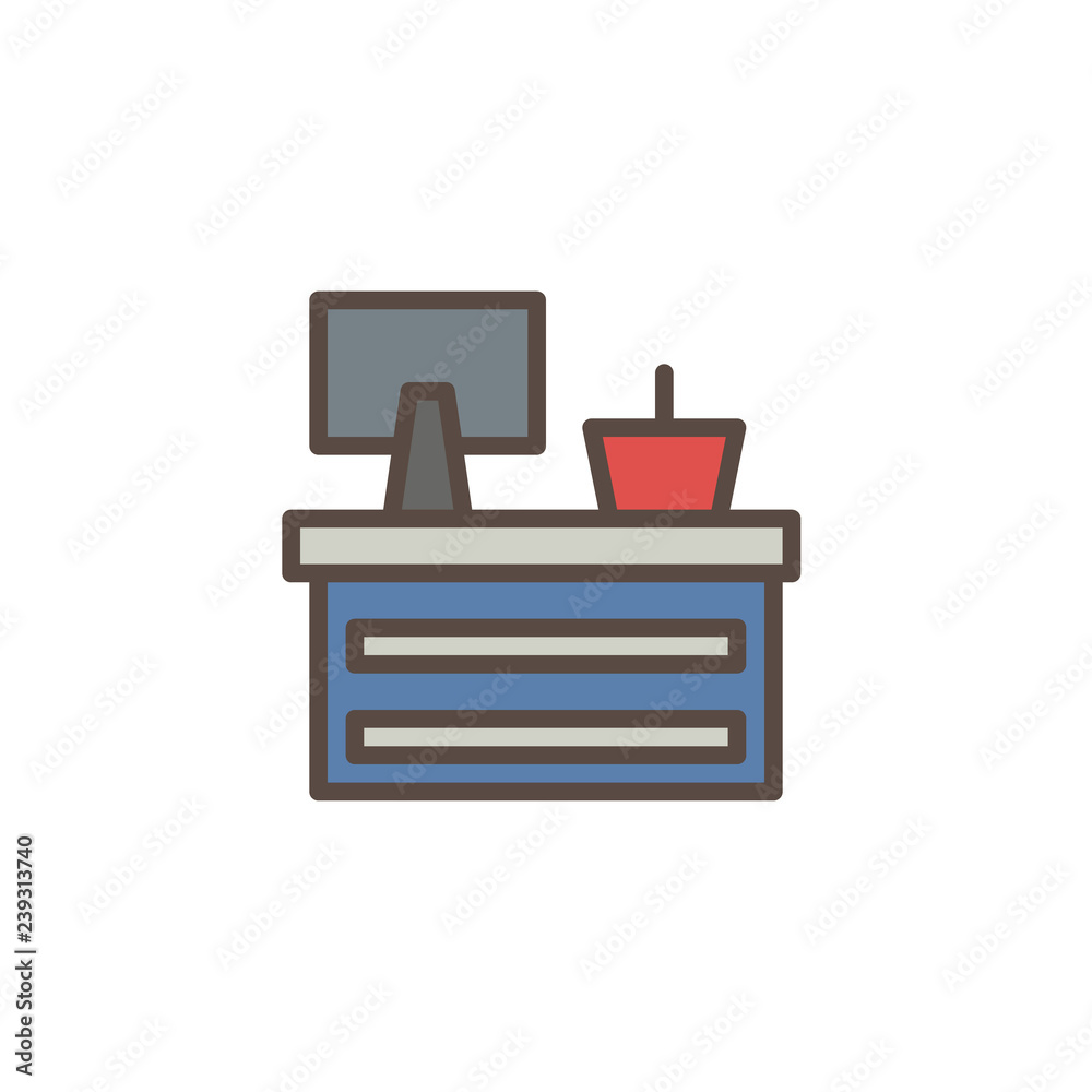 Cash desk filled outline icon, line vector sign, linear colorful pictogram isolated on white. Market cashier table symbol, logo illustration. Pixel perfect vector graphics Cash desk filled outline icon, line vector sign, linear colorful pictogram isolated on white. Market cashier table symbol, logo illustration. Pixel perfect vector graphics