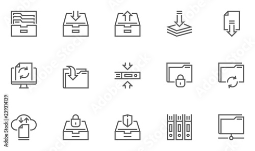 Archive and Folders Vector Line Icons Set. Contains Repository, Sync, Storage of Documents and more. Editable Stroke. 48x48 Pixel Perfect.