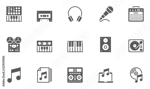 Music Vector Icons Set. Contains Keyboard, Music Speaker, Musical Equipment and more.