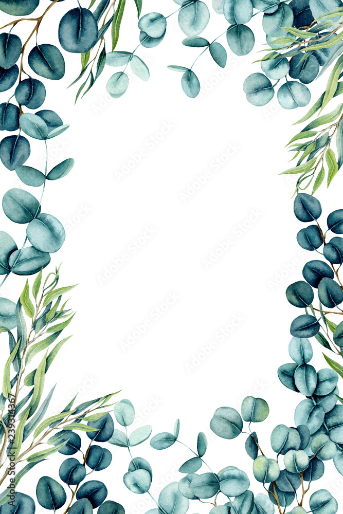 Naklejka premium Herbal Frame with Watercolor Eucalyptus Leaves