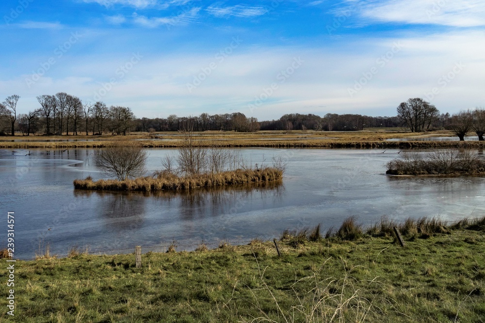 landscape with lake and blue sky