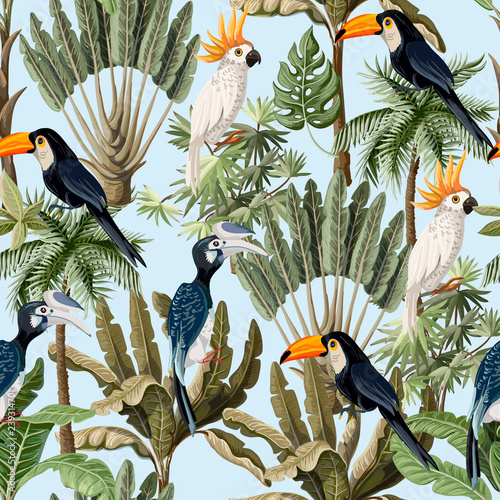 Seamless pattern with exotic trees and wild bird, parrots and toucans. Interior vintage wallpaper.