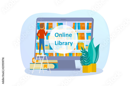 Online library concept set. Using phone for learning