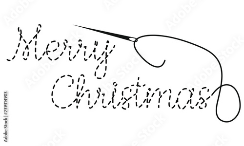 Merry Christmas text with interrupted contour. Hand made vector illustration with embroidery thread and needle on white background
