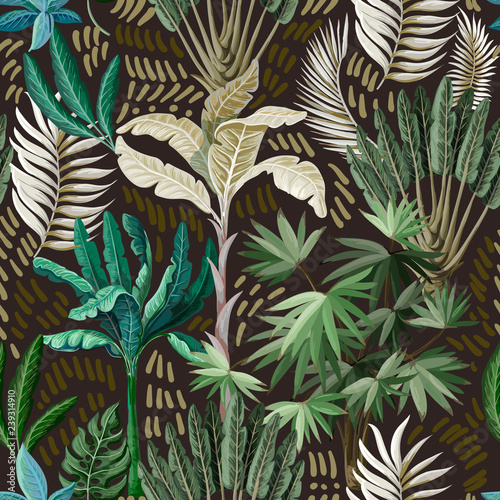 Seamless pattern with exotic trees such us palm and banana. Interior vintage wallpaper.