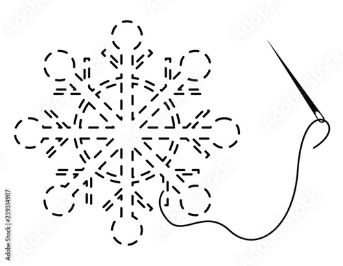Silhouette of snowflake with interrupted contour. Vector illustration of handmade work with embroidery thread and needle on white background.