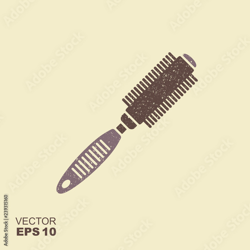 Round hair styling brush. Professional hairdresser tool icon with scuffed effect in a separate layer