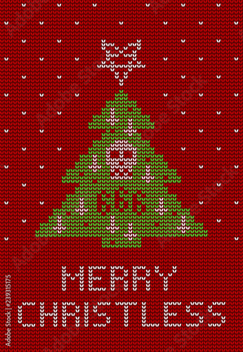 Ugly sweater knitted  background in red, green and white colors. Christmas tree decorated with a pentagram, inverted crosses and a skull.