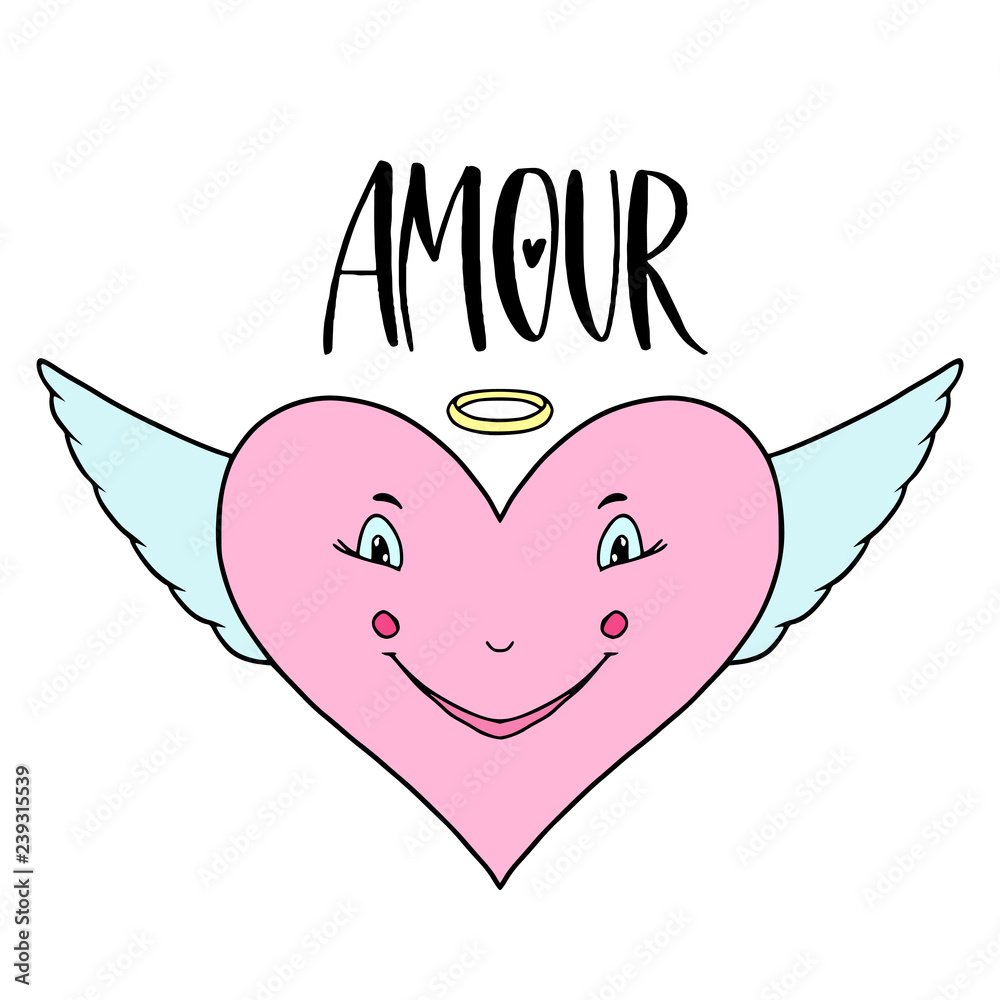 Happy heart character with wings. Angel for valentines messages. Print for  kids interior design. Valentine day card. Amour french word Love. Stock  Vector | Adobe Stock